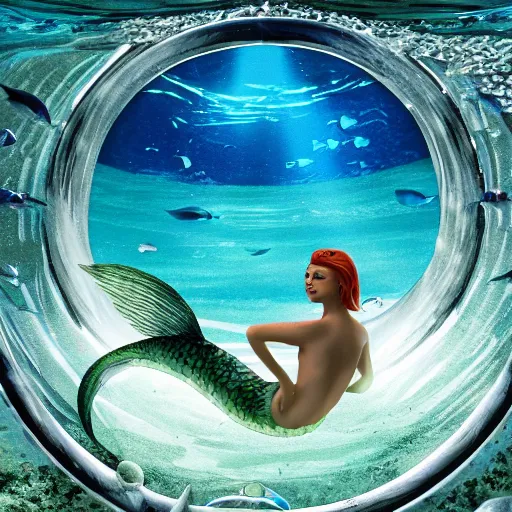 Prompt: a mermaid swimming past a futuristic underwater dome city