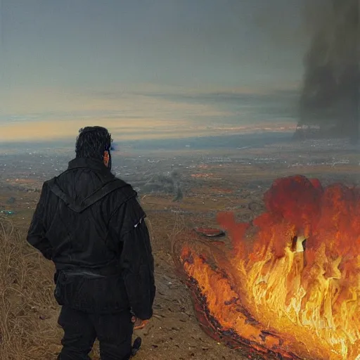 Prompt: a man with black hair and beard, wearing a black jacket and jeans, looking at a burning village in the distance, highly detailed painting by donato giancola and bayard wu, 8 k, digital art