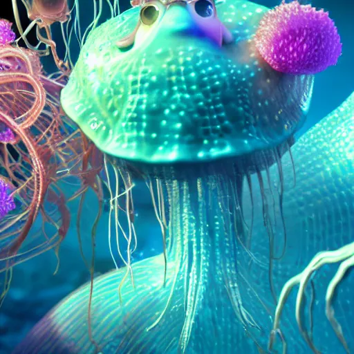 Prompt: underwater crystals, octopus character or jellyfish, illustrations, 3 d render, illustrated, incredible details, highly detailed, photorealistic, disney pixar, octane render, iridescent, anime, 8 k