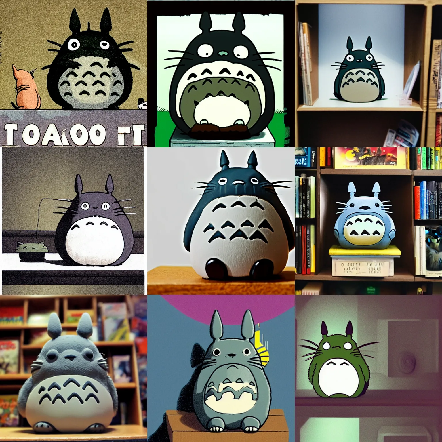 Prompt: totoro sitting on a shelf in a dark room. totoro is made from plastic that emits light. comic books on shelf