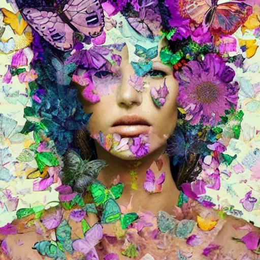 Prompt: a portrait of a woman constructed from flower petals, layered composition, layers, texture, mcu, butterflies, 🦋, highly textured, layered, sculpted, dynamic,