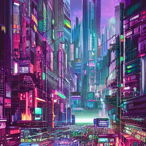 Image similar to digital painting of a cyberpunk city by Dan Mumford, trending on Artstation, hyperdetailed