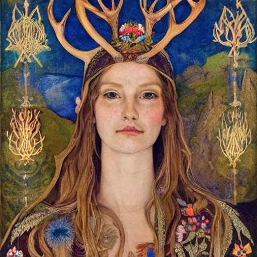 Image similar to queen of the forest wearing an antler crown, by Annie Swynnerton and Nicholas Roerich and (((Tino Rodriguez))), embroidered robes, floral tattoos, bioluminescent skin!, elaborate costume, geometric ornament, symbolist, soft colors, dramatic lighting, smooth, sharp focus, extremely detailed