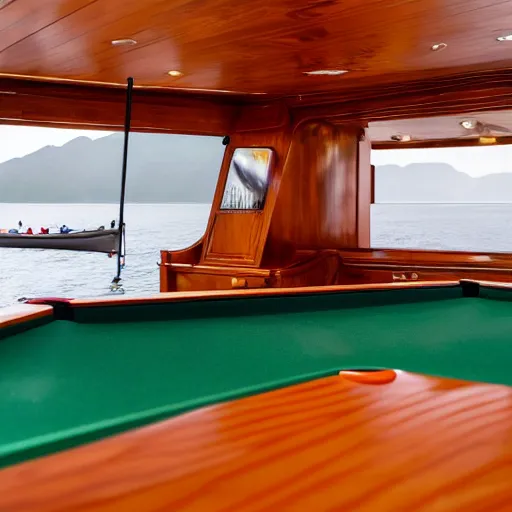 Image similar to a large billiards table in a small dingy floating on the ocean. extremely high detail. the sloop is on the ocean. the weather is bad and cloudy. professional lighting. 8 k