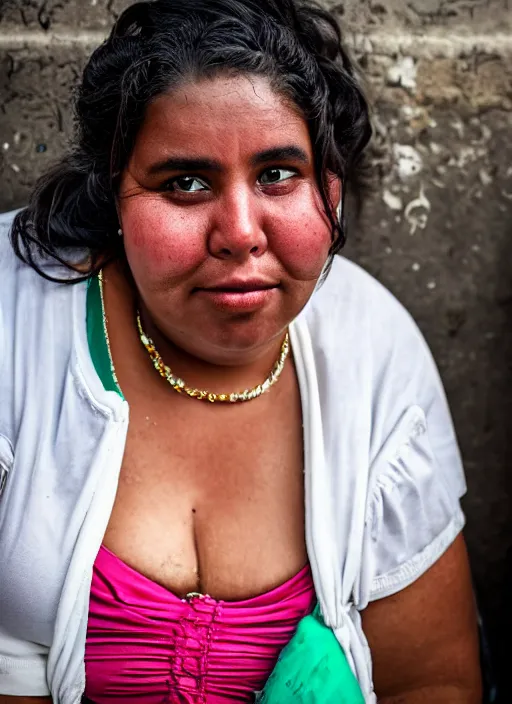 Image similar to close up portrait of a beautiful, fat 30-year-old woman from Cuba, happy, candid street portrait in the style of Martin Schoeller, award winning, Sony a7R