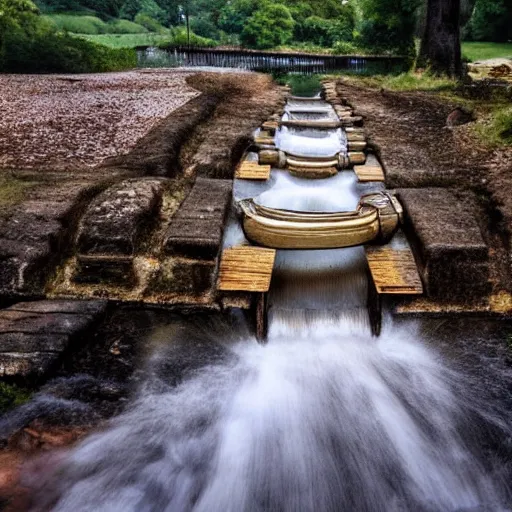 Image similar to old wooden gold sluice, beautiful view, artistic look, high details, water flowing