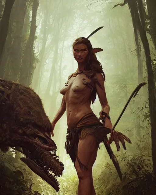 Image similar to hyper realistic photo of prehistoric hunter girl full body, cinematic, artstation, cgsociety, greg rutkowski, james gurney, mignola, craig mullins, jean baptiste monge, brom