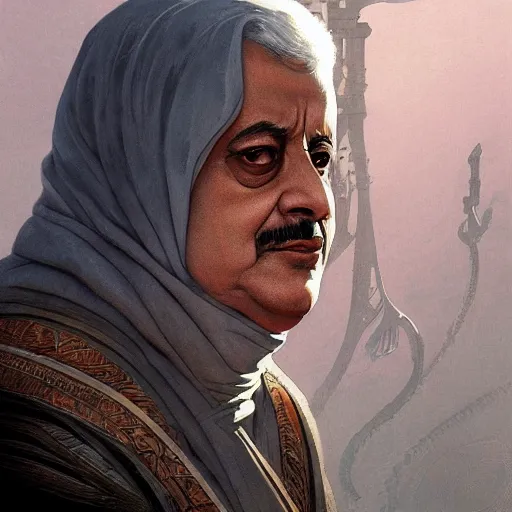 Image similar to mahmoud abbas as dune character, portrait, intricate, elegant, highly detailed, digital painting, artstation, concept art, wallpaper, smooth, sharp focus, illustration, art by h. r. giger and artgerm and greg rutkowski and alphonse mucha