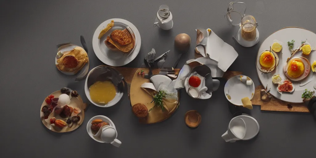 Image similar to a table with a delicious breakfast, morning light, 3d render, octane render, 8k