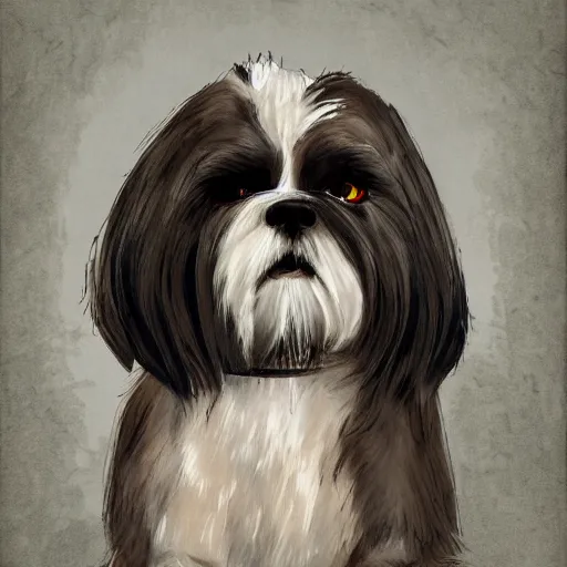 Image similar to intricate painting of a shih tzu as a mighty dark souls boss, concept art