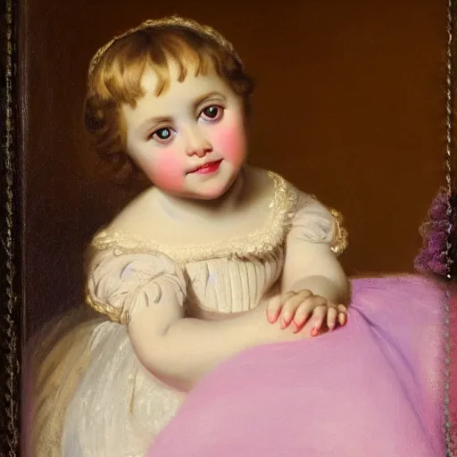 Image similar to portrait of a german toddler princess sitting down in a silk lavender gown, circa 1 8 3 7, by carl joseph begas, highly detailed, beautiful, oil on canvas, 1 8 3 0 s, romanticism