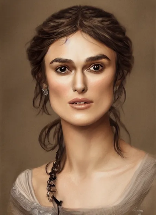 Image similar to a photograpic portrait of Keira Knightley, pride and prejudice, realistic, with kind face, dark hair, georgian dress, intricate, elegant, highly detailed, digital painting, smooth, sharp focus