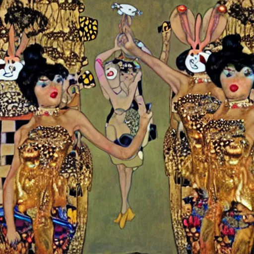 Prompt: Bugs Bunny in a rap music video, with typical hip-hop female dancers, painted by Gustav Klimt