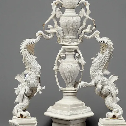 Prompt: a line of detailed white stone diamond dragon statures, oil paint, classic art, 1 3 century style, volume light