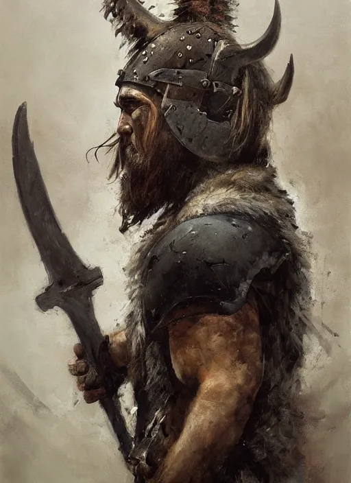 Image similar to portrait painting of viking berserker with a dinosaur skull headdress, by jeremy mann, only one head single portrait