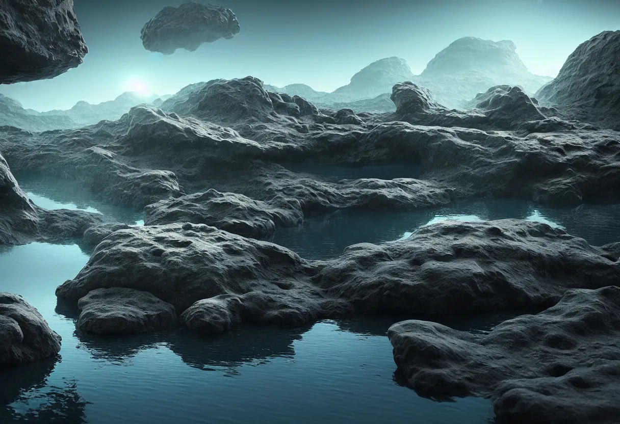 Image similar to inside of alien lake landscape of human mind and imagination, big rocks and pebbles, matte painting, beautiful render, octane render, concept art