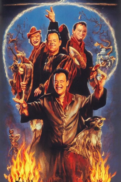 Image similar to movie poster hanksgiving, tom hanks, turkey, a wizard, lightning, 1 9 8 2, drew struzan inspiration