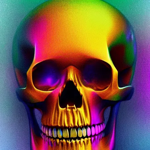 Prompt: portrait of a skull made of crystal with golden teeth, digital art, 4k, rainbow reflection