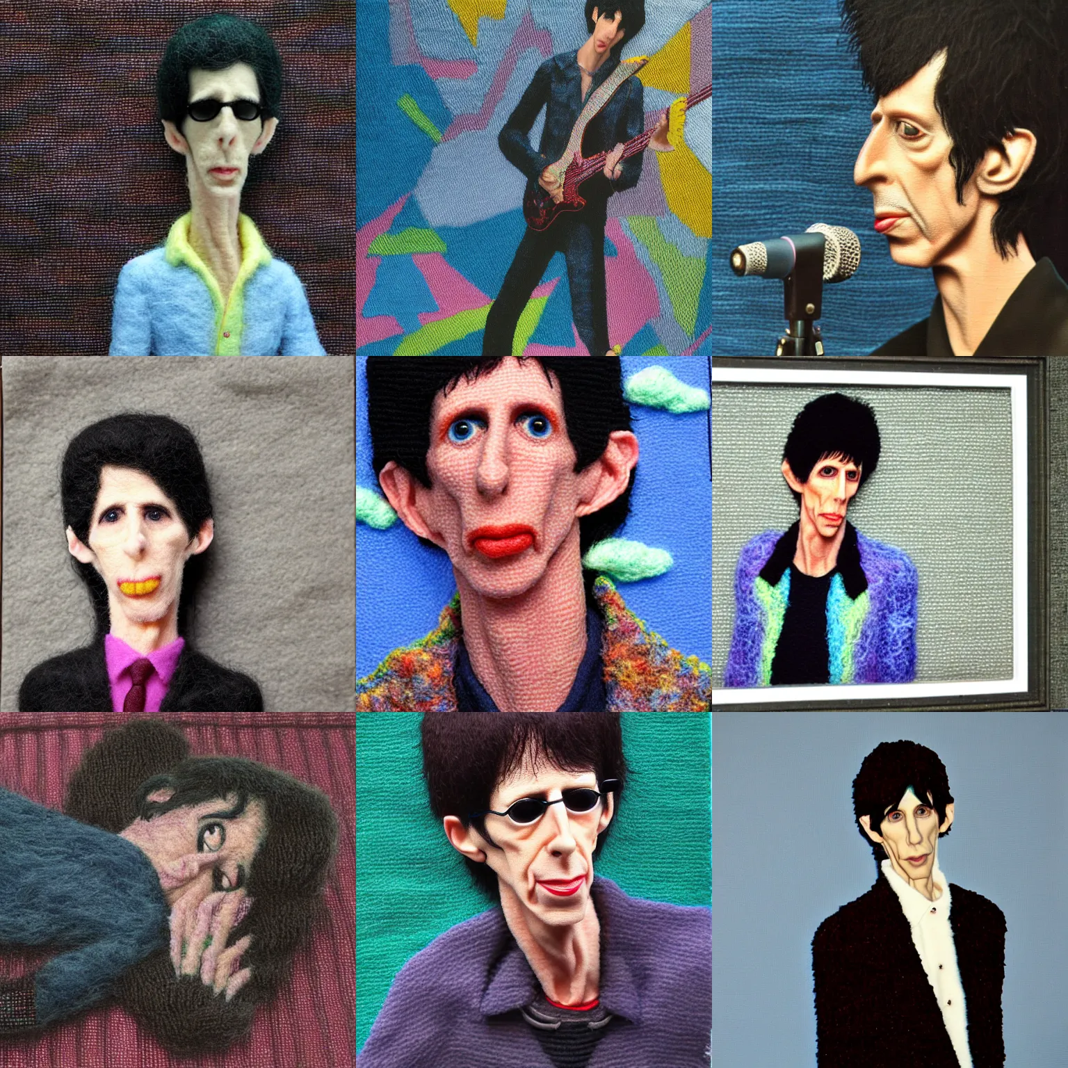 Prompt: needle felted 1985 Ric Ocasek, highly detailed, tilt shift, hyperrealism, highly textured