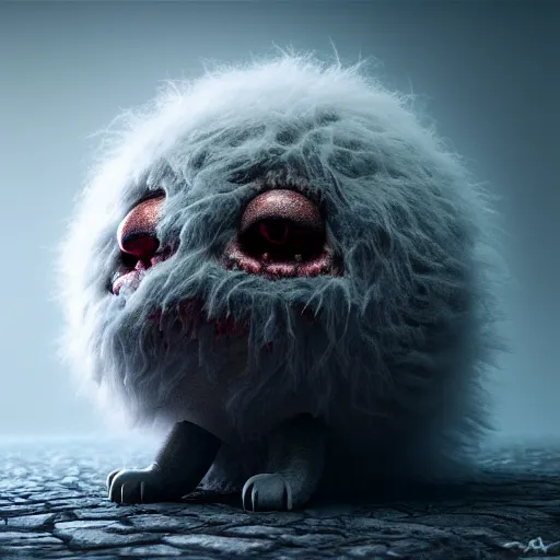 Image similar to cute chthonic fluffy monster by Ayami Kojima, Beksinski, Giger, vray render, unreal engine, 50mm lens, bottom angle