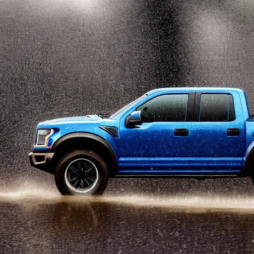 Prompt: a hyper realistic photo of the driver side of a ford raptor in a rainstorm