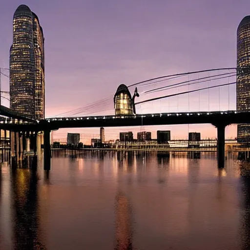 Prompt: A beautiful kinetic sculpture of a cityscape with tall spires and delicate bridges. by Bill Viola, by Nele Zirnite threatening