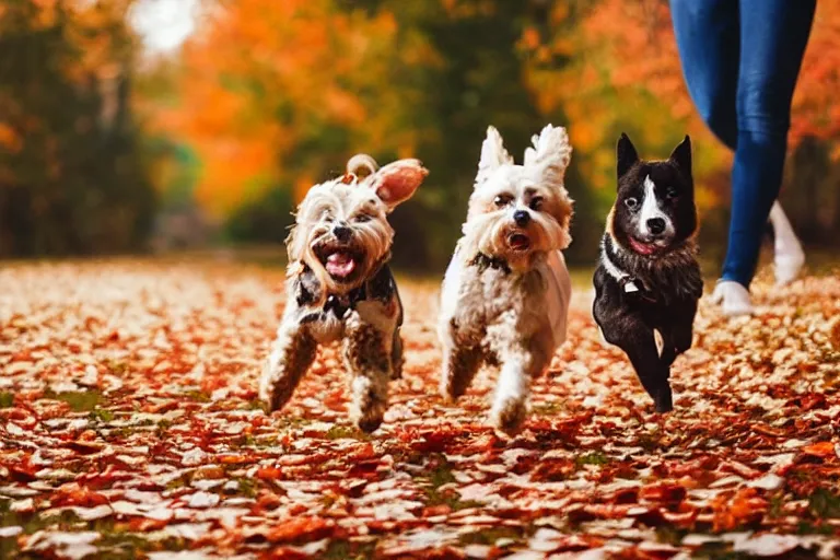 Image similar to dogs running through autumn leaves towards the camera