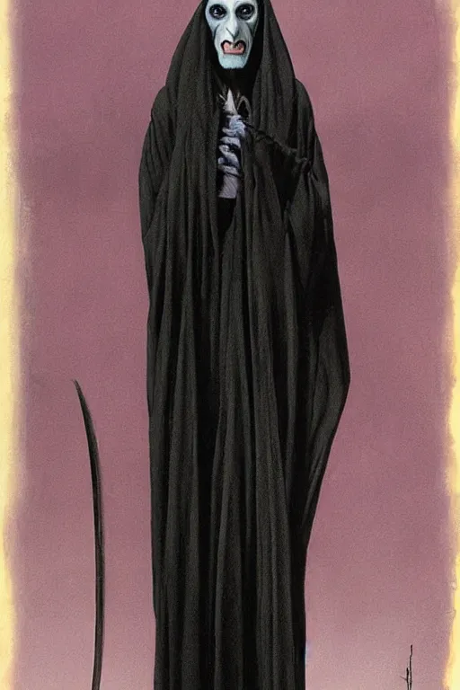 Image similar to a bald vampire wearing a long black robe with large bat ears huge black eyes and gray skin, character art, nosferatu, painting by wayne barlowe