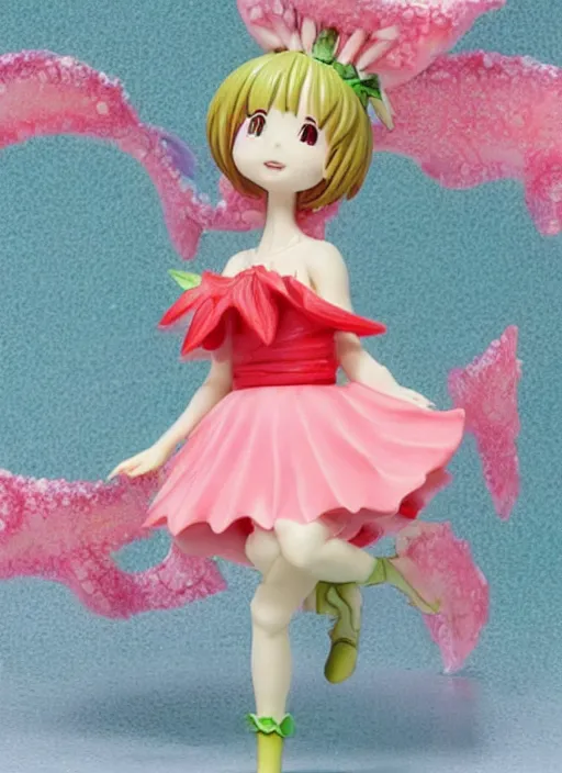 Prompt: a femo figurine of a cute funny strawberry fairy with a frilly floral dress featured on yotsubato by hayao miyazaki, pastels, wide angle, dynamic dancing pose, 🎀 🍓 🧚