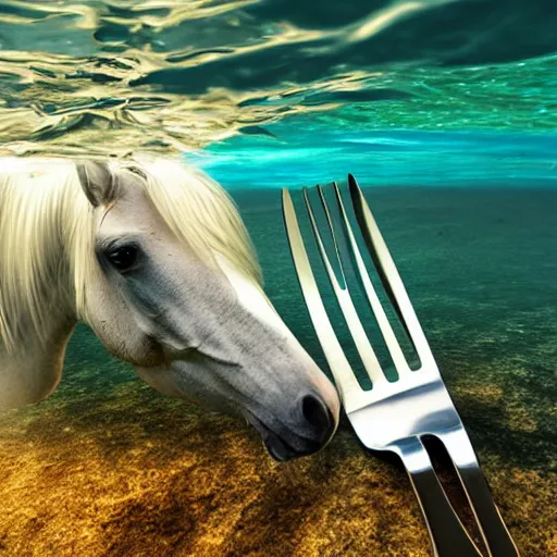 Image similar to horse swimming in the ocean with fork and knife, photorealistic, high detail