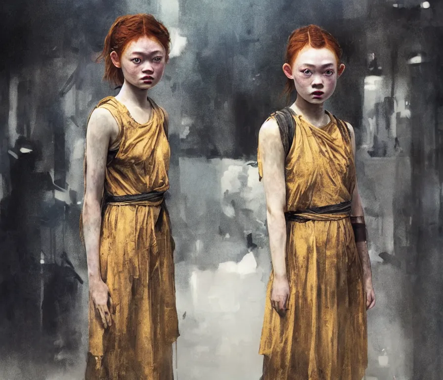 Prompt: sadie sink dressed as poor thai student : costume concept for a scifi cyberpunk film. by greg rutkowski, john j. park, jason chan, noah bradley, feng zhu, gintas galvanauskas, gustave courbet, rosa bonheur, edward hopper. sharp focus, cinematic atmosphere, detailed and intricate, perfect anatomy