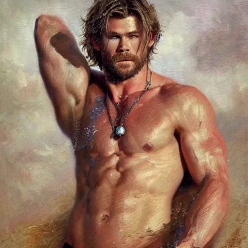Prompt: Chris Hemsworth with a hairy!!!!! shredded!!!!! body type, painting by Gaston Bussiere, Craig Mullins