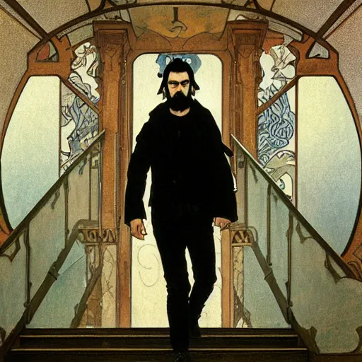 Prompt: a man with black hair and beard, wearing a black jacket, white shirt and jeans, walking up a wooden staircase in a white void, sharp focus, cartoonish illustration, art by greg rutkowski and alphonse mucha