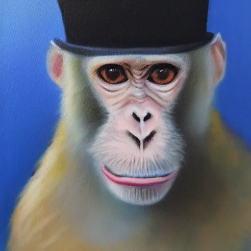 Image similar to a beautiful oil painting of a monkey in a blue top hat , 8k , award winning