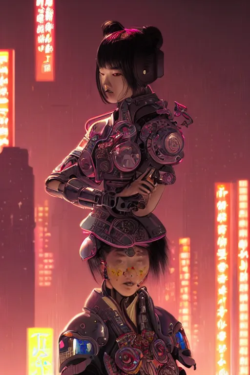 Image similar to portrait futuristic Samurai Girl, in future cyberpunk tokyo rooftop , ssci-fi, fantasy, intricate, very very beautiful, elegant, human anatomy, neon light, highly detailed, digital painting, artstation, concept art, smooth, sharp focus, illustration, art by tian zi and WLOP and alphonse mucha