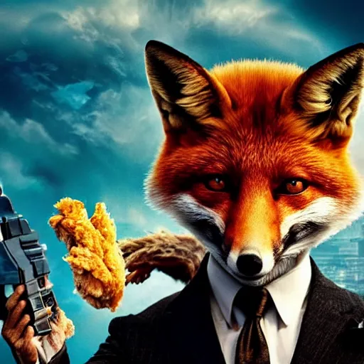 Prompt: hdr quality poster for an action movie called “ fox frigate ”, fearing cool looking anthropomorphic male fox in suit, stealing lots of fried chicken, promotional media