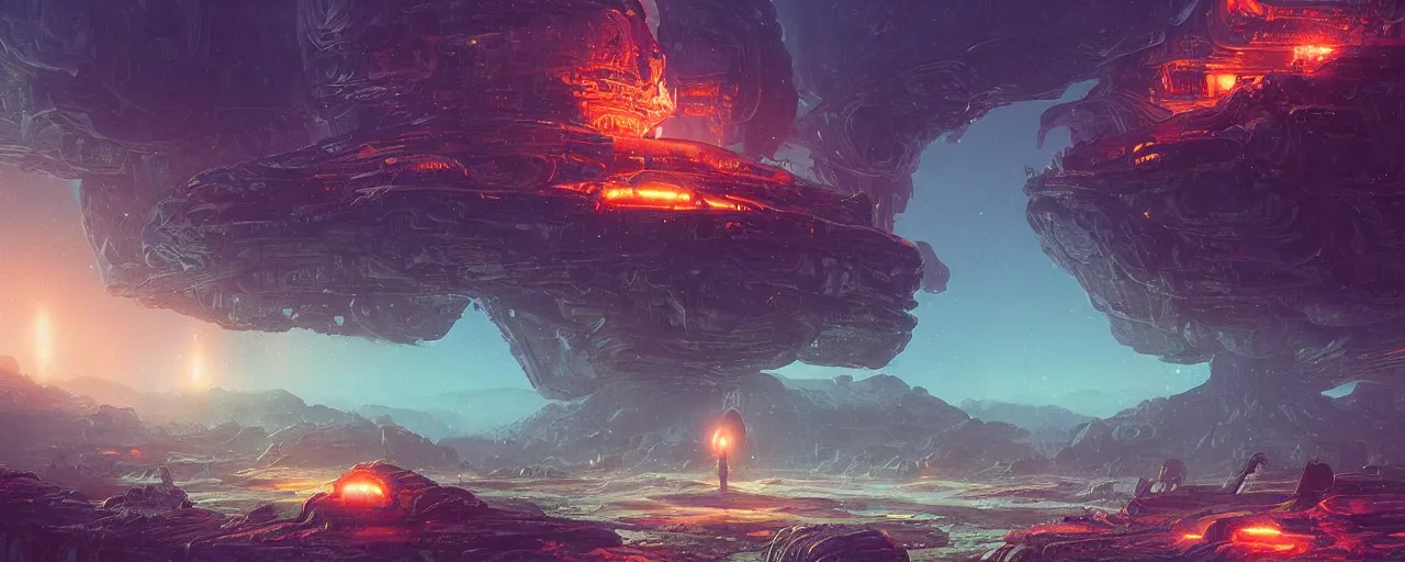 Image similar to ” mysterious and whimsical alien landscape, [ inviting, cinematic, detailed, epic, widescreen, opening, establishing, mattepainting, photorealistic, realistic textures, octane render, art by slop and paul lehr ] ”