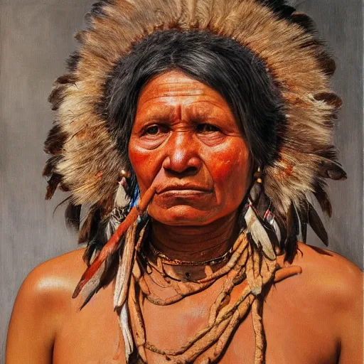 Image similar to high quality high detail painting by lucian freud, hd, full body of a indigenous tribe powerfull woman leader, photorealistic lighting