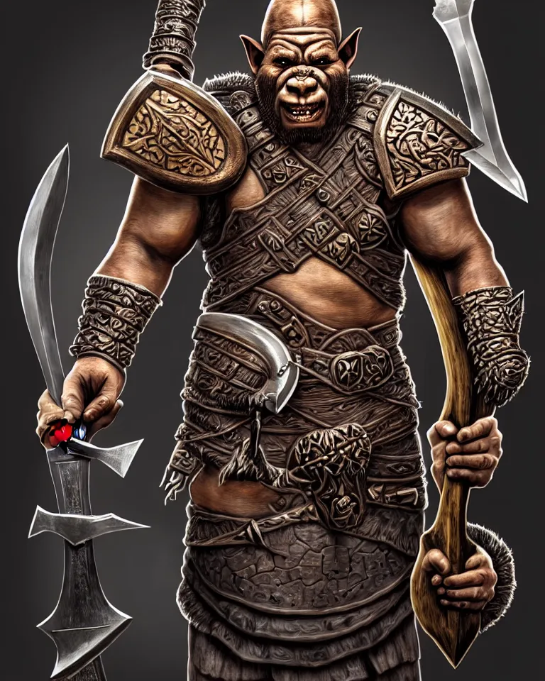 Image similar to a portrait of an orc warrior holding a metal battle axe with an intricate wooden carved hilt, in the style of riot games arcane