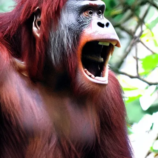 Image similar to demonic balrog orangutan, close up of face, uh oh stinky