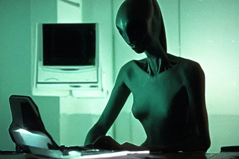 Image similar to alien using a computer to check her email submerged in translucent goo, over the shoulder perspective, in 1 9 8 5, y 2 k cybercore pinkcore, industrial low - light photography, still from a kiyoshi kurosawa movie