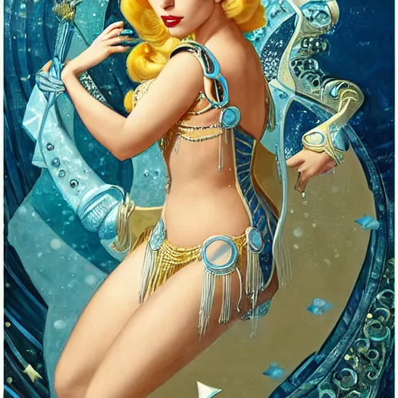 Prompt: lady gaga as princess kida the high queen of ancient atlantis, a beautiful art nouveau portrait by gil elvgren, beautiful underwater city environment, centered composition, defined features, golden ratio, silver jewelry, stars in her gazing eyes