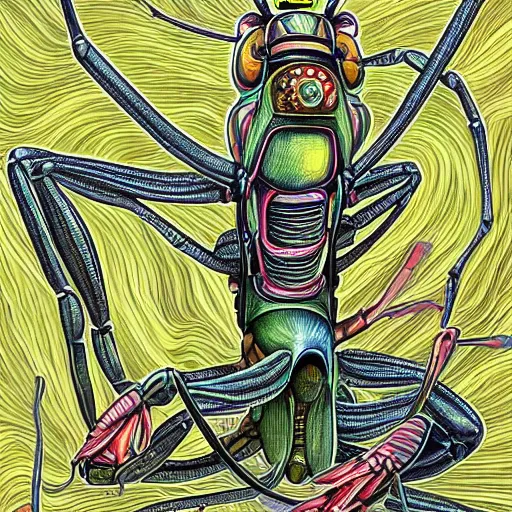 Prompt: big praying mantis full body transparent mantis with big mantis head and mantis eyes and mantis arms shooting electro shock wave plasma guns, intricate, sci fi,, hyperrealistic, fine lines, detailed, intricate, sci fi, steampunk, futuristic, blade runner background, peter max colouring psychedelic, realistic