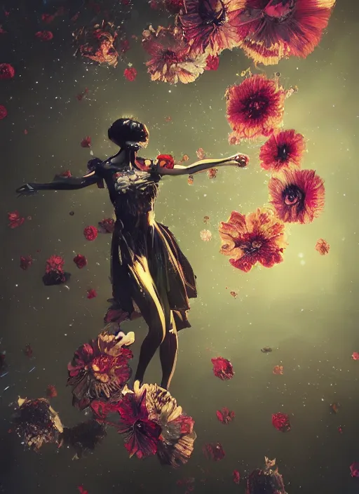 Image similar to An epic fantastic realism comic book style painting of the most beautiful spinning flowers floating into the dark and starry cosmos, exquisite bouquets, fisheye, a star implodes, unreal 5, DAZ, hyperrealistic, octane render, dynamic lighting