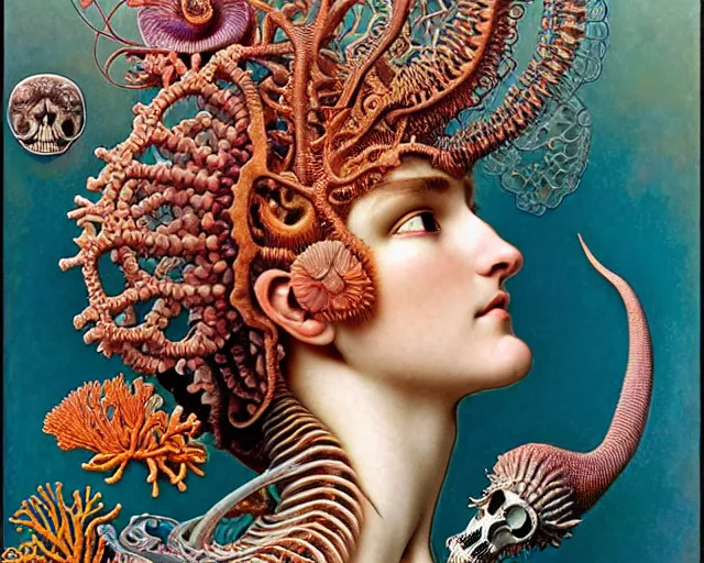 Image similar to hyperrealistic detailed face side portrait of the beautiful goddess of the fish skeletons with an intricate headgear of corals, sea kelp, sea plants, fish, starfish, jellyfish, art by ernst haeckel, john william godward, android jones, alphonso mucha, h. r. giger, gothic - cyberpunk, ornamental, beautiful deep colours,