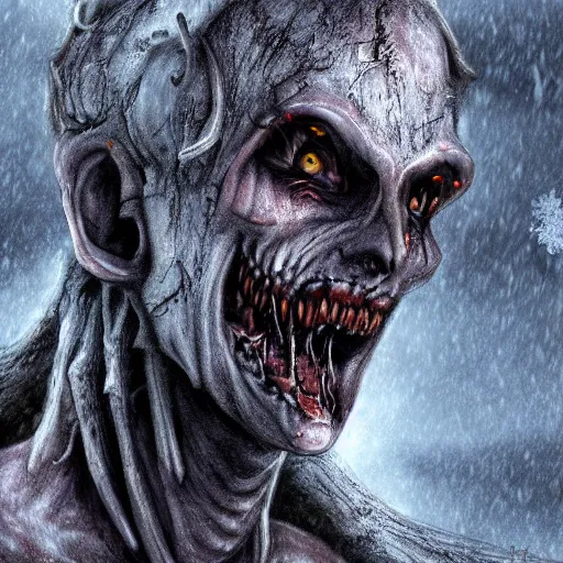 Image similar to detailed digital art of a pale, scrawny wendigo; until dawn; snow; dark, horrifying