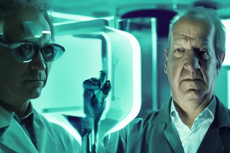 Image similar to an ultra realistic colour cinematic headshot portrait of an evil scientist, stood inside a futuristic lab, neon, colour, detailed, deep focus, movie still, dramatic lighting, ray tracing, by werner herzog