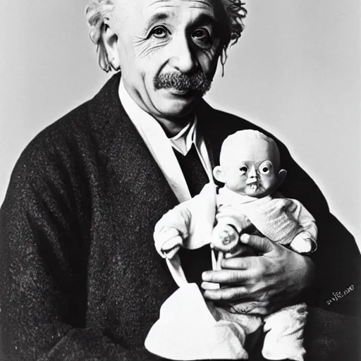 Image similar to b&w photo of Einstein holding baby Yoda on his arm next to the Eiffel tower