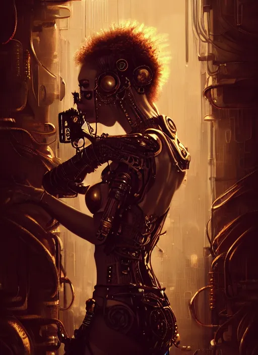 Image similar to soft lustrous ivory ebony biotech raver gutter punk gothic steampunk cyborg, golden ratio, details, scifi, fantasy, cyberpunk, intricate, decadent, highly detailed, digital painting, octane render, artstation, concept art, smooth, sharp focus, illustration, art by artgerm, loish, wlop