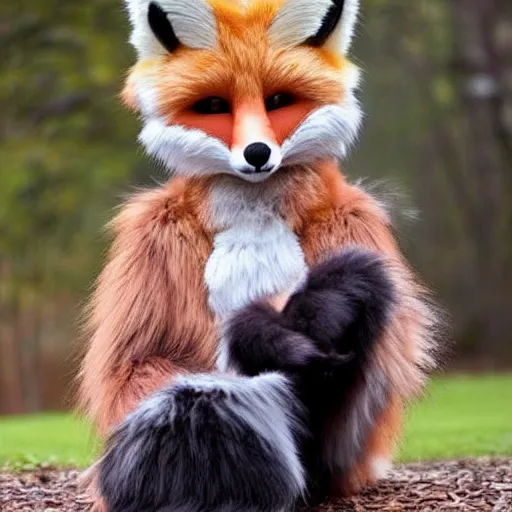 Image similar to extremely fluffy fox fursuit, cute, photo